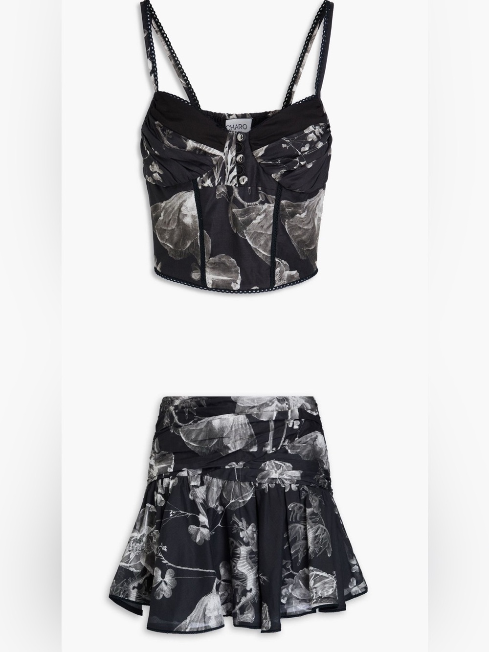 NWT Charo Ruiz Black & Gray Floral Bustier Top and Skirt Set